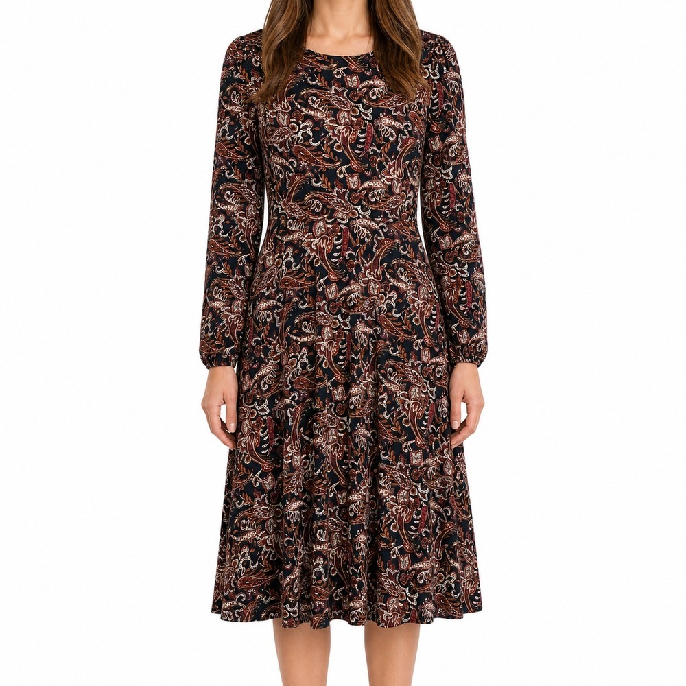 Boden Jersey Midi Dress Womens Size 8R Long Sleeve Paisley Pockets Party
